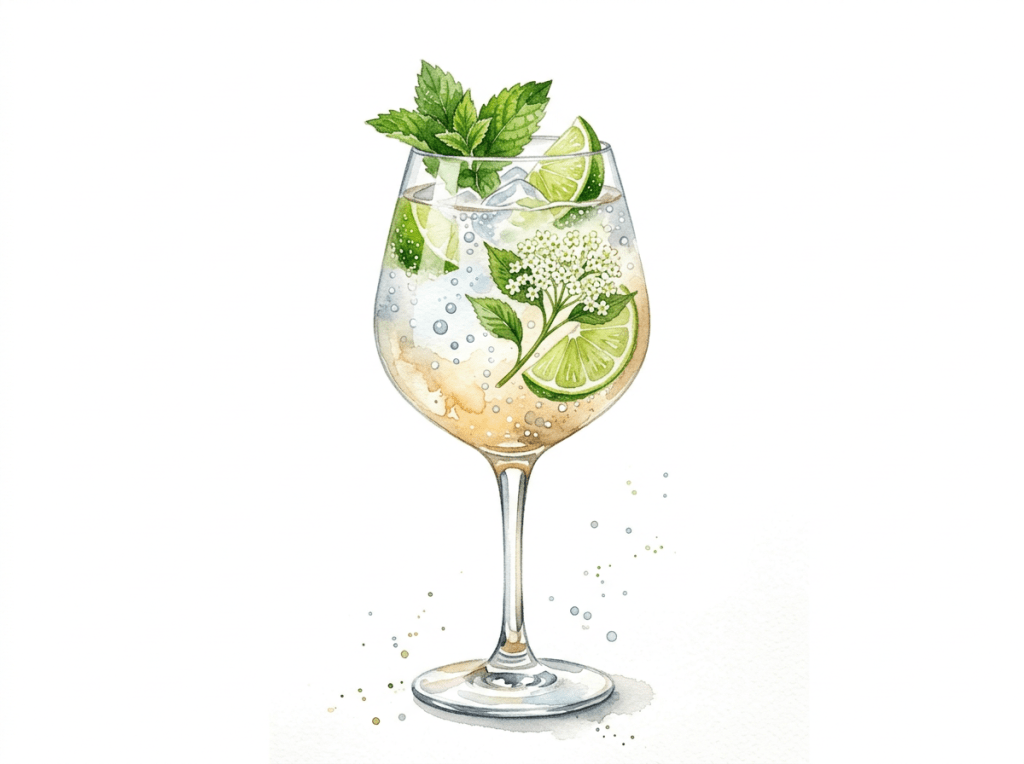Cocktail glass with lime slices, mint leaves, white flowers, and bubbles in watercolor style