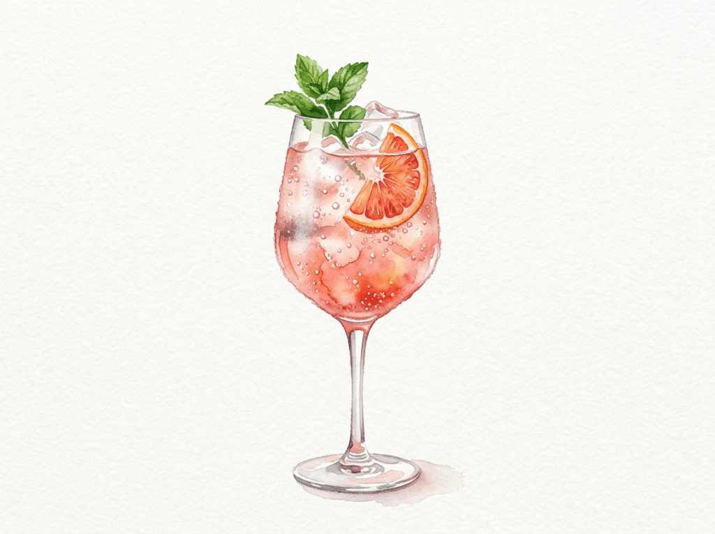 Pink cocktail in a wine glass with ice, a citrus slice, and mint garnish