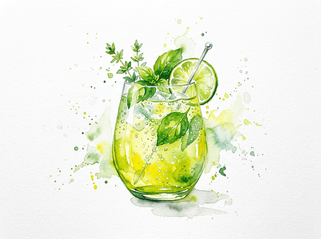 Glass of sparkling lime drink with green herbs and a lime slice